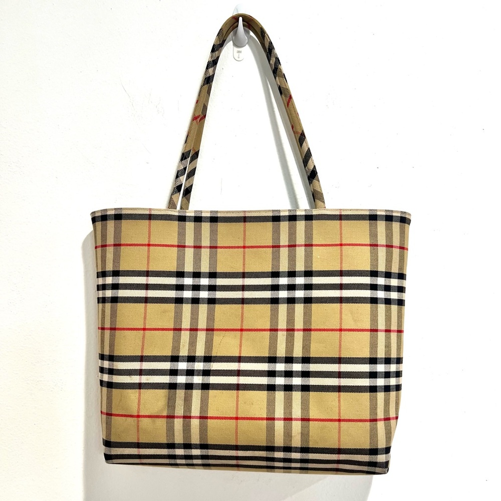 Burberry Tan and Black Tote with Iconic Plaid Design